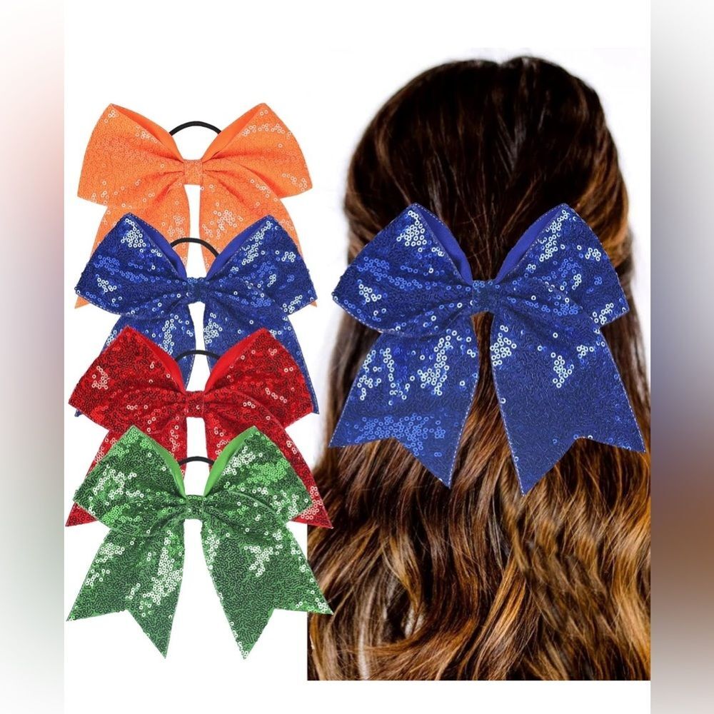 4 PACK 8" Girls Large Sequin Cheer Bows Teens Elastic Ponytail Hair Bow NIP